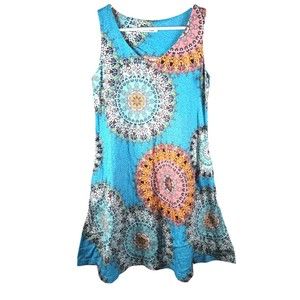 Leo Rosi Ladies Sz S Sleeveless Summer Blue Dress Stretching A Line Floral Print